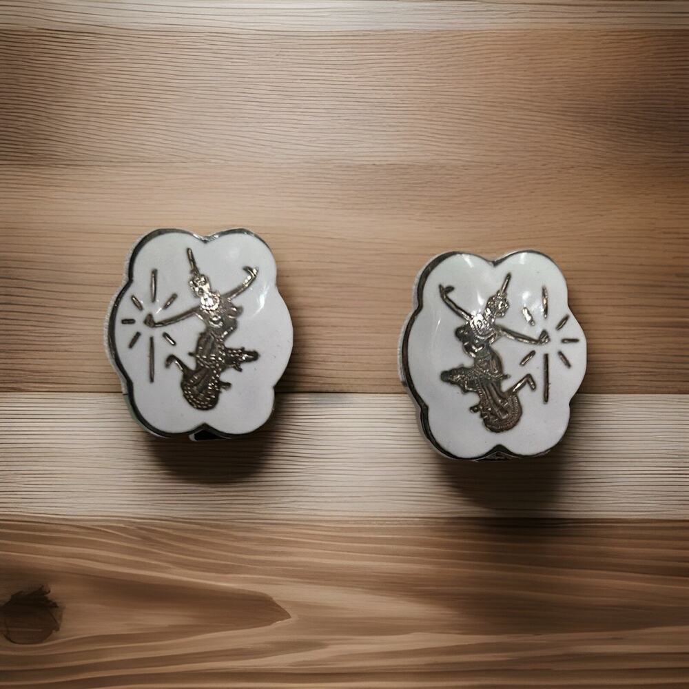 Lovely Sterling Siam Niello Clip On Earrings. Measures .75”